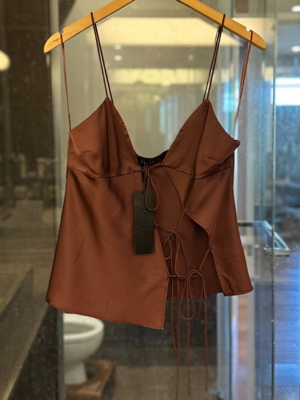 LIONESS Mariah Satin-Feel Asymmetric Cut-Out Tie-Front Cami Top (Garnet Brown) - Picture 7 of 16